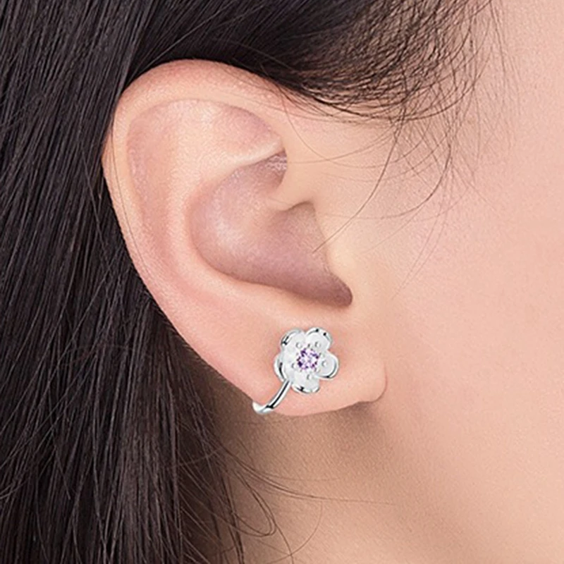 Korea Style Crystal Cherry Blossom Flower Clip On Earrings Without Piercing Girls Party Sweet Silver Color No Hole Ear Clip ear clip earrings,clip earrings,ear clip,ear accessories
