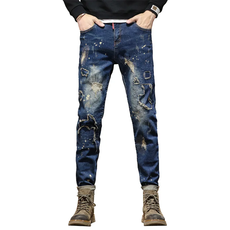 Street Design Motorcycle Men's Ripped Embroidery Patch Stitching Splash-Ink Jeans Men's Trendy Slim Fit Retro Trousers