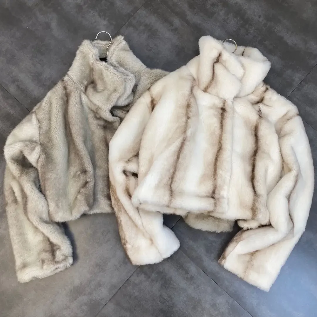 

2023 winter stand-up collar long sleeve tie dye vertical stripe imitation mink fur thickened ins wind fur cotton-padded coat