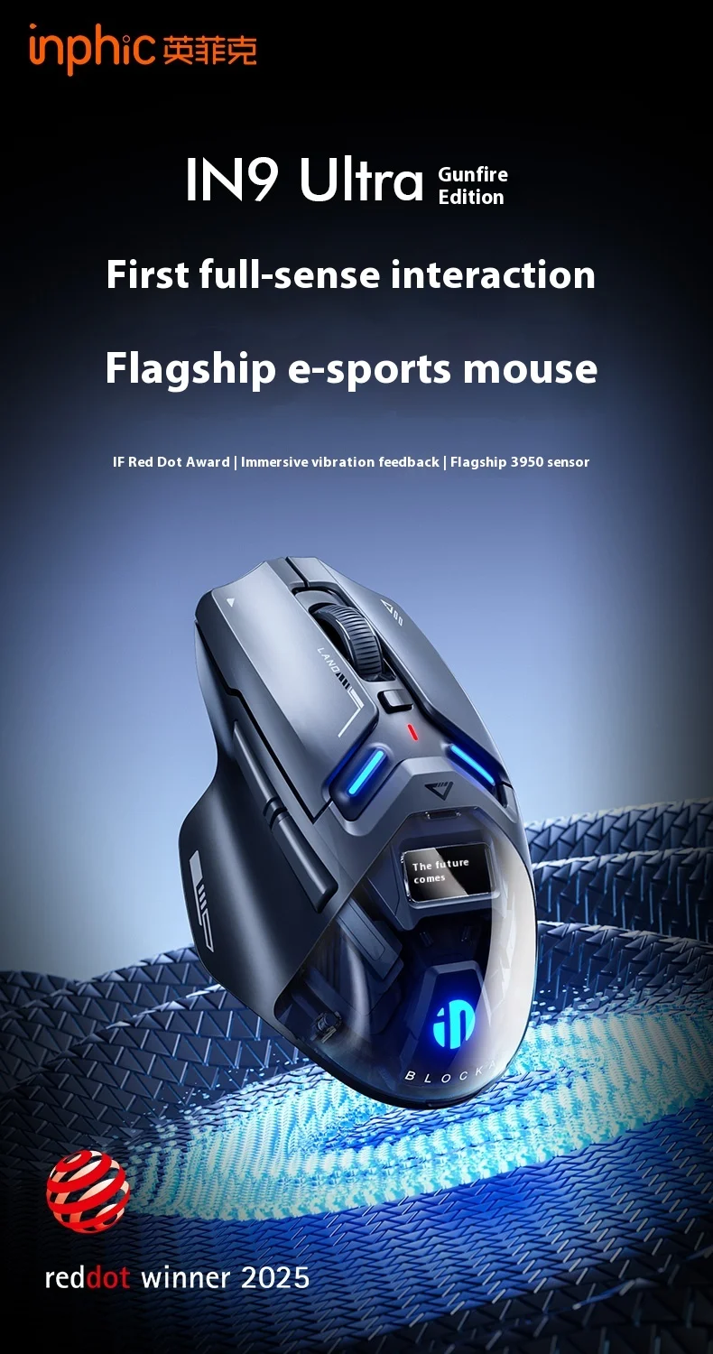 INPHIC IN9 울트라 세 가지 모드 무선 게이밍 마우스 PAW3950 OLED 화면 긴 배터리 수명 오른손 인체공학적 나노 8K 800mAh 선물용 PC