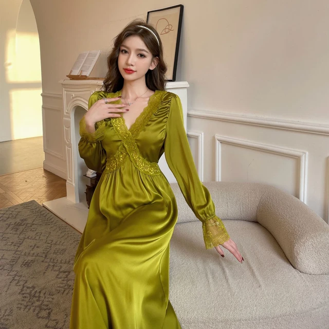 French Style Women's Ice Silk Nightgown Spring Lace Trim V-neck Long Sleeve  Sexy Solid Nightdress Pajamas For Women Sleepdress - Nightgowns &  Sleepshirts - AliExpress