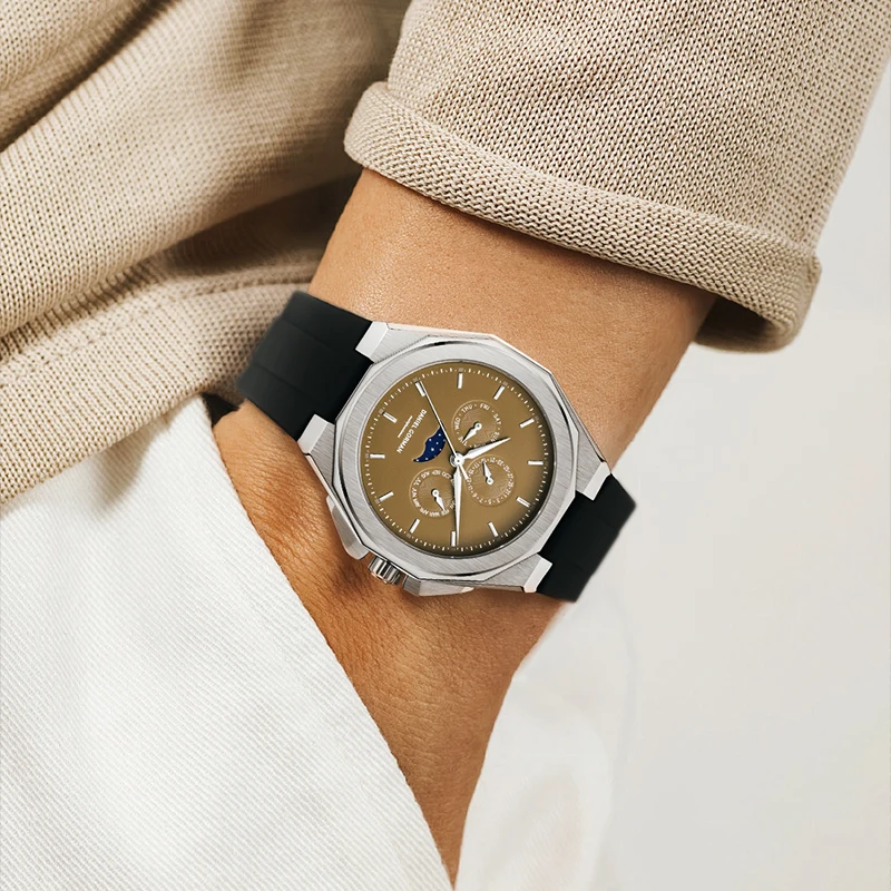 Men's Stainless Steel Case Chronograph Watch Silicone Strap Luminous Hands Quartz Watches 50ATM Waterproof Moon Phase Wristwatch