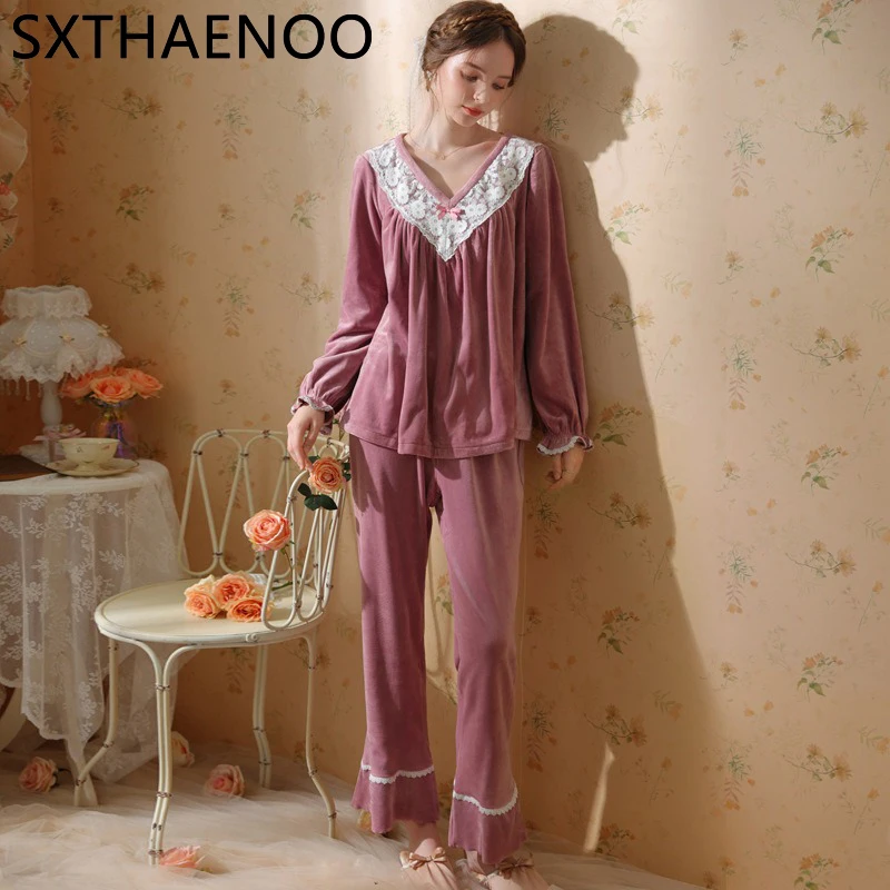 

SXTHAENOO Flannel Ladies Pyjamas Set Thicken Warm Coral Velvet Long Sleeve Pajamas Leisure Sleepwear Women Embroidery Nightwear