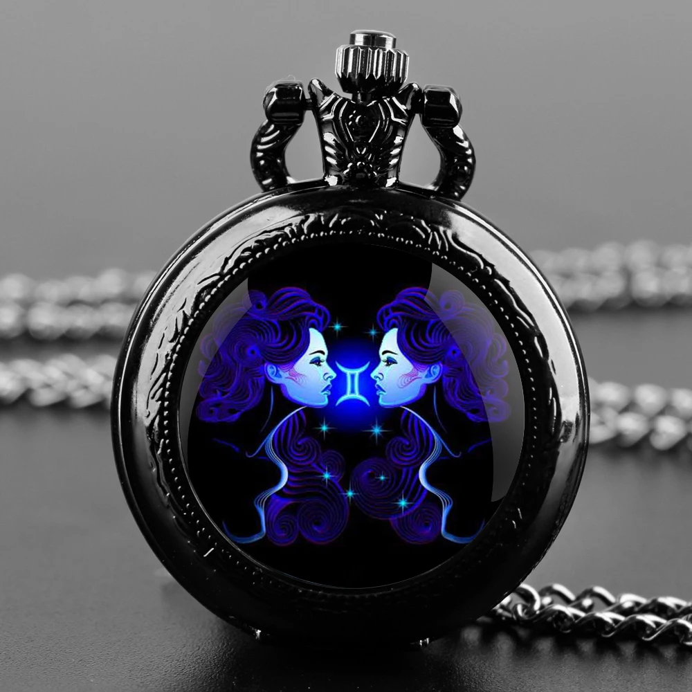 

Gemini star sign Design Glass Dome Vintage Quartz Pocket Watch Men Women Pendant Necklace Chain Charm Clock Watch Jewelry Gifts