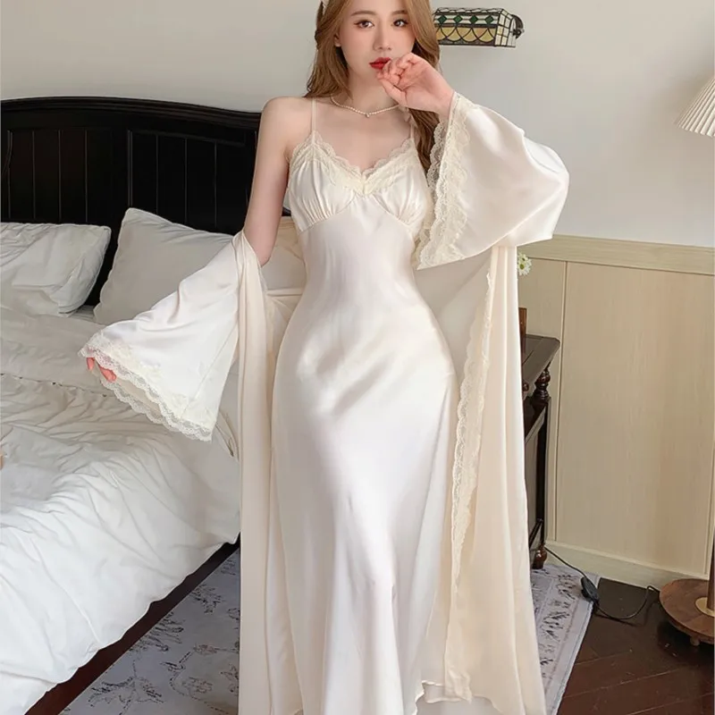 Wedding Tie Morning Gowns Women's and Bridesmaid Sense Niche Ice Silk Robe Slip Nightdress