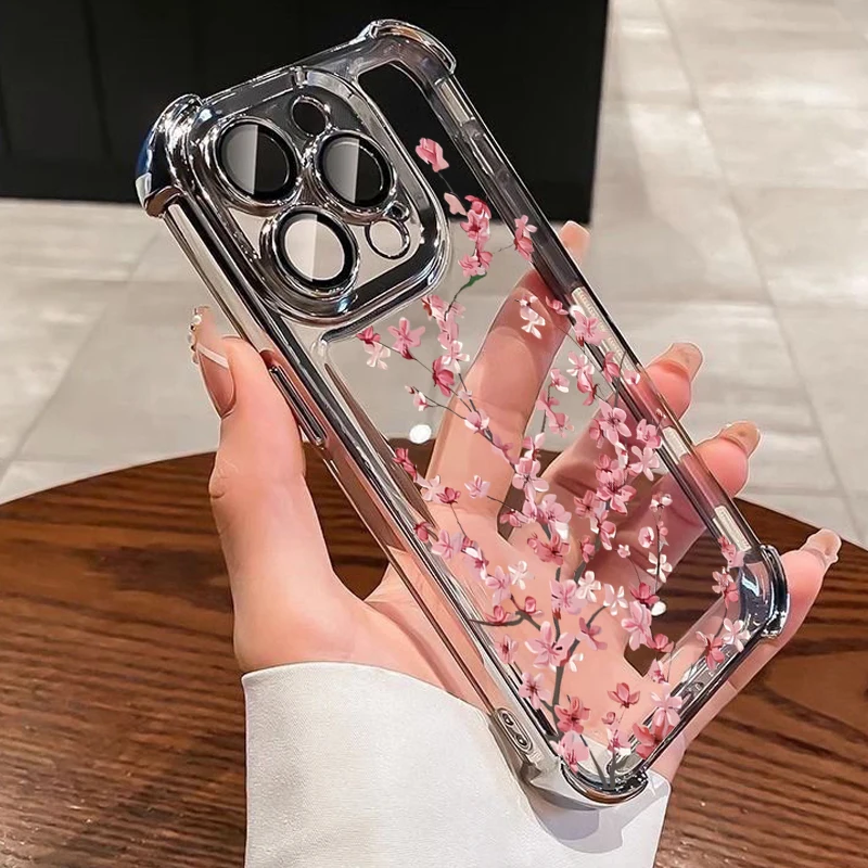 Plum Blossom Electroplated Transparent Soft Phone Case with Airbag Anti-Fall Protection