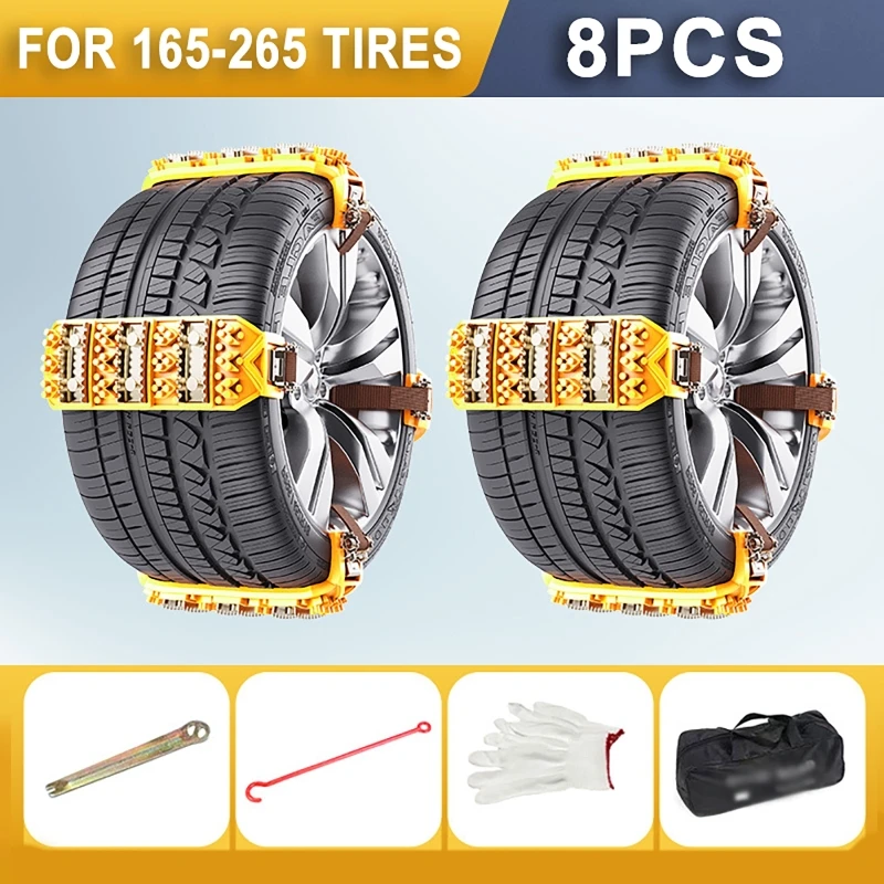 8Pcs Universal Car Tire Anti-skid Chains Snow Wheel Chain with Gloves, Storage Bag For 165-265 Tires