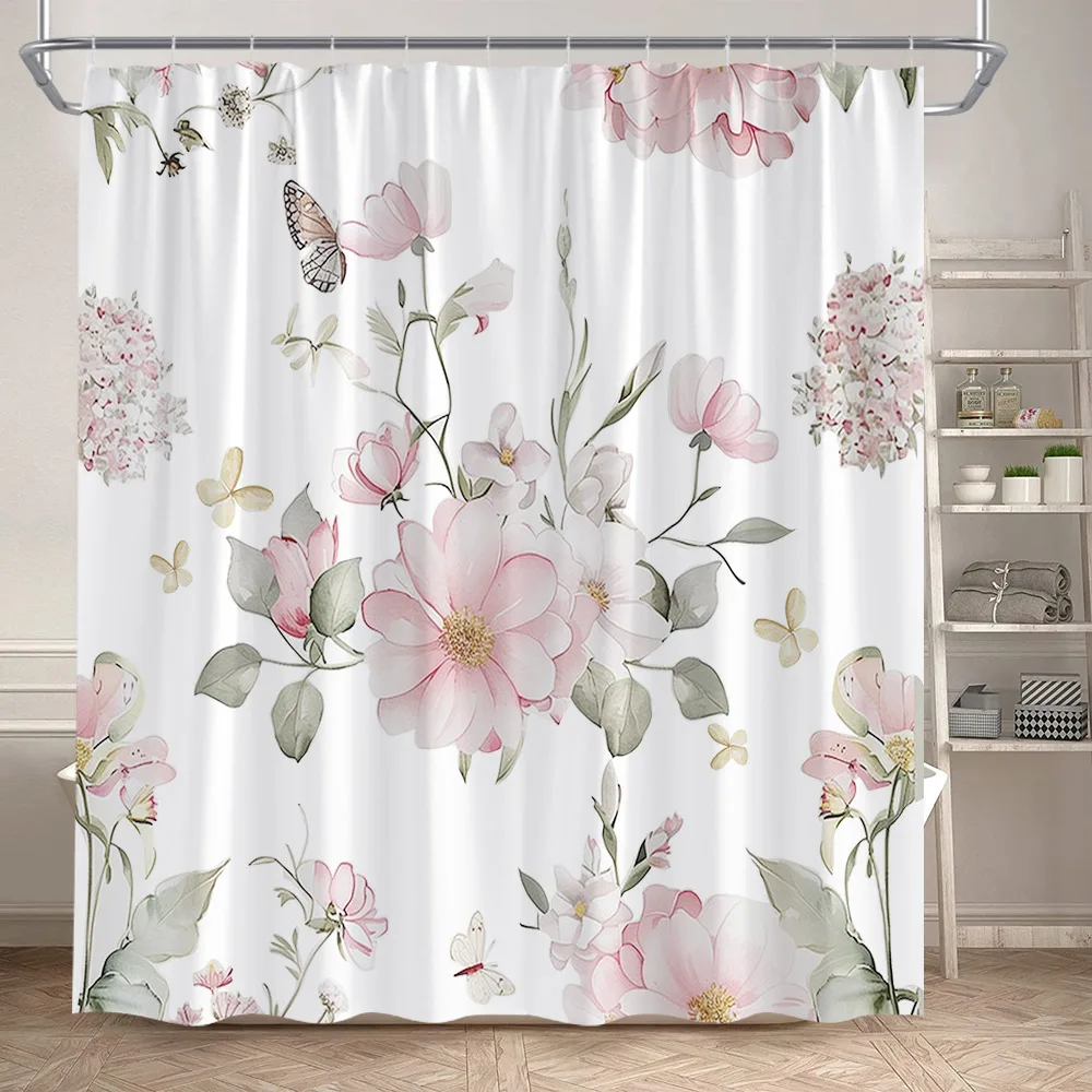Floral Shower Curtains Blue Pink Flower Butterfly Hummingbird Watercolour Green Leaves Plant Bathroom Curtain Fabric Home Decor