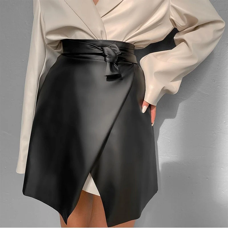 Women's Casual Black Women Asymmetric Leather Skirt Belt Sexy Slim Mini Skirt Female High Street Skirt Ladies Spring and Summer 2023 new sportswear casual hoodie set street sportswear spring men s jacket pants two piece set