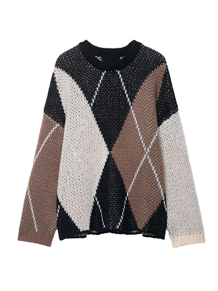 2025 Winter New Women Vintage Knitted Top Elegant Argyle Pattern Round Collar Women Pullover Fashion British Style Sweater