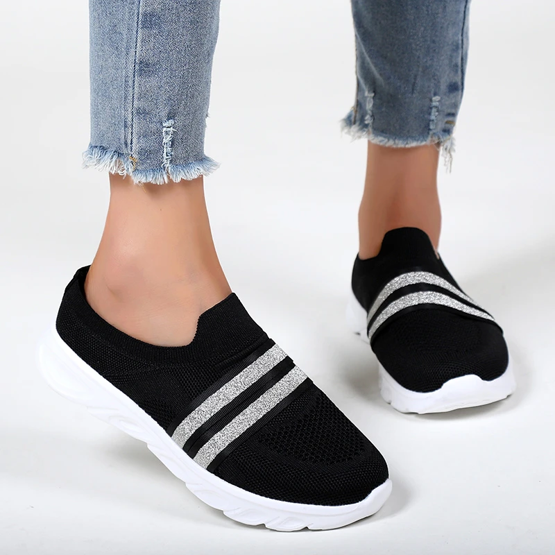 

Women's Breathable Mesh Sneakers Striped Knitted Slip On Walking Shoes Women Comfortable Soft Sole Casual Flats Plus Size 42