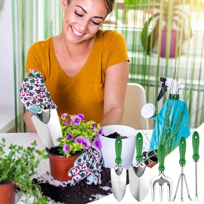 Garden Tool Set Anti Slip Stainless Steel Rake Shovel 5pcs Succulent Tools With Ergonomic Handle Heavy Duty Multifunctional