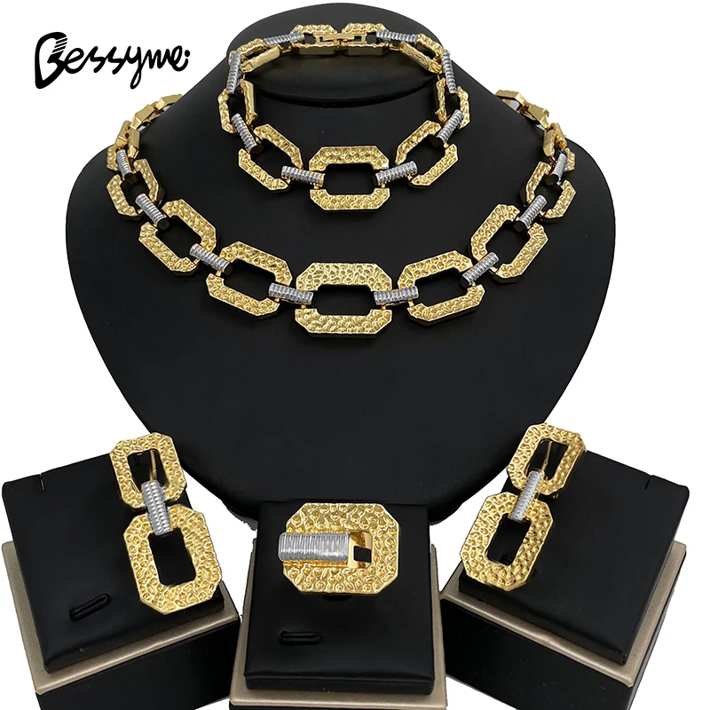Unique Two Tone Women Jewelry Set 18K Gold Plated Necklace Earrings Bracelet Ring Dubai Set Jewelry Wedding Party Accessories