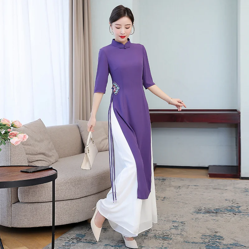 Vintage Harajuku Purple Ao Dai Vietnam Solid Pants Two Piece Set Embroidery Chinese Style Women Slim Casual White Long Top Suits