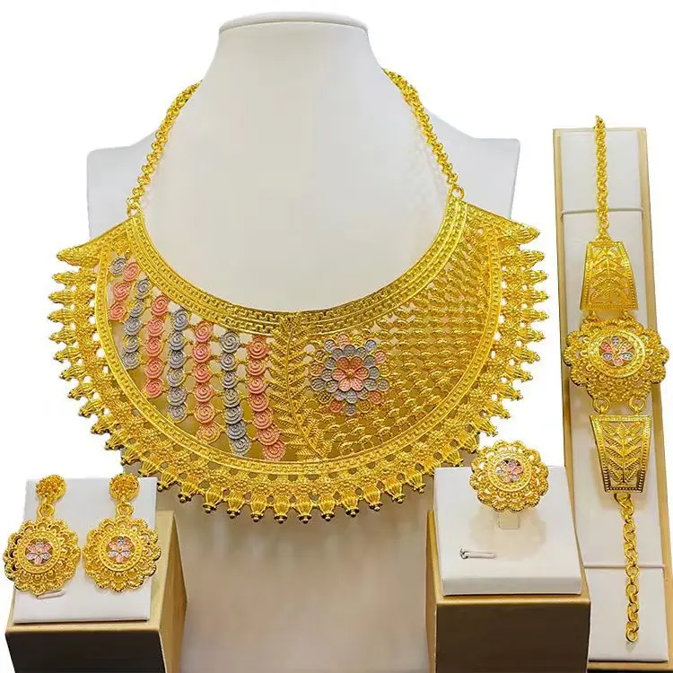 

Liffly New Luxury Dubai Gold Wedding Jewelry Big Necklace Earrings Set for Women Bridal Accessories Gift Indian Jewellery Set