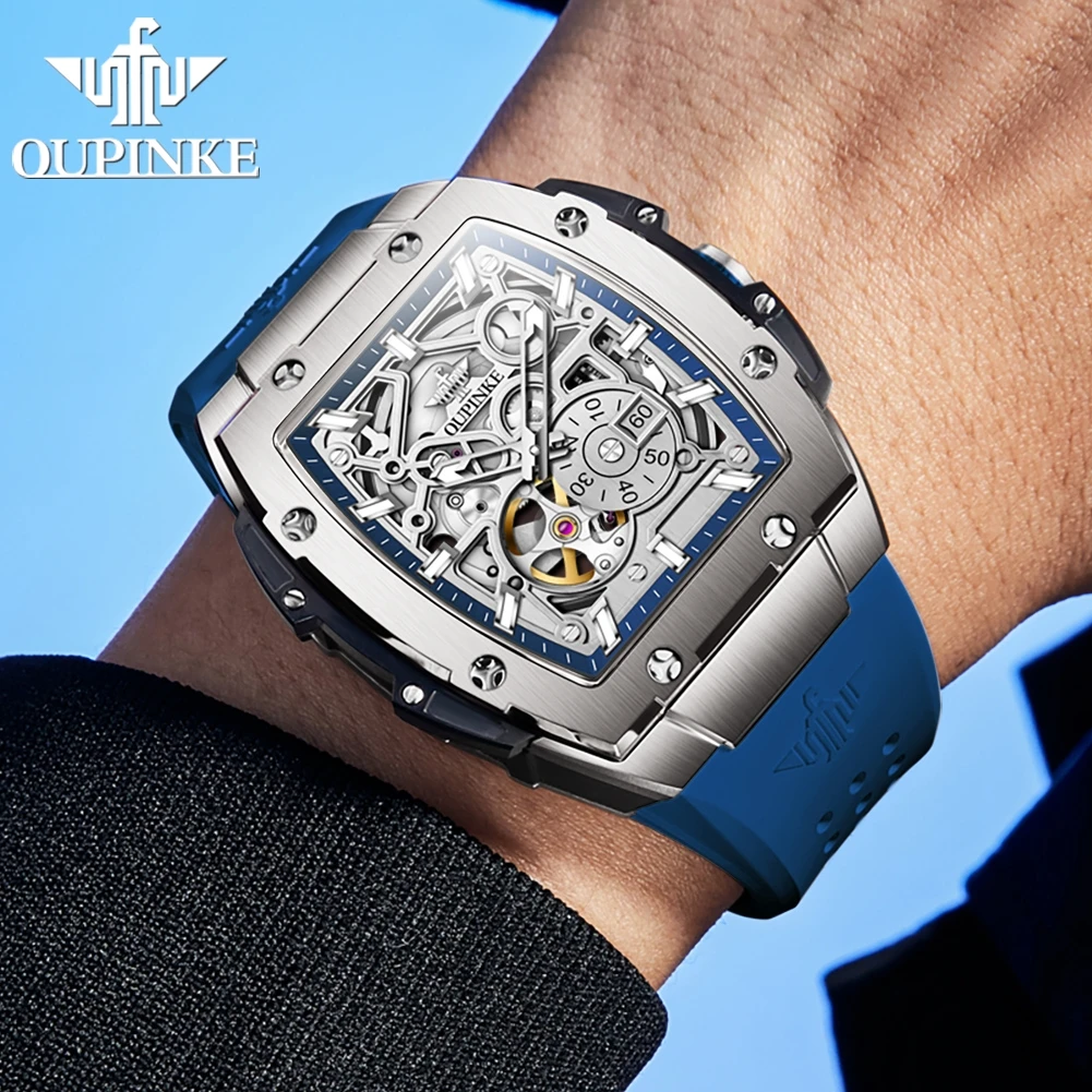 Original OUPINKE 3213 Men's Watches Tonneau Full Hollow out Automatic Men's Wristwatches Silicon Tape Man Watch TOP Brand Watch