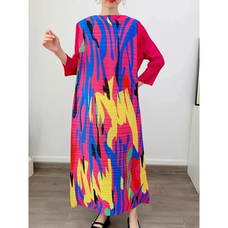 

GGHK Miyake Elegant Maxi Pleated Dress for Women Slash Neck Long Sleeves Loose Style Fashion Clothing Ladies 2024 Spring New
