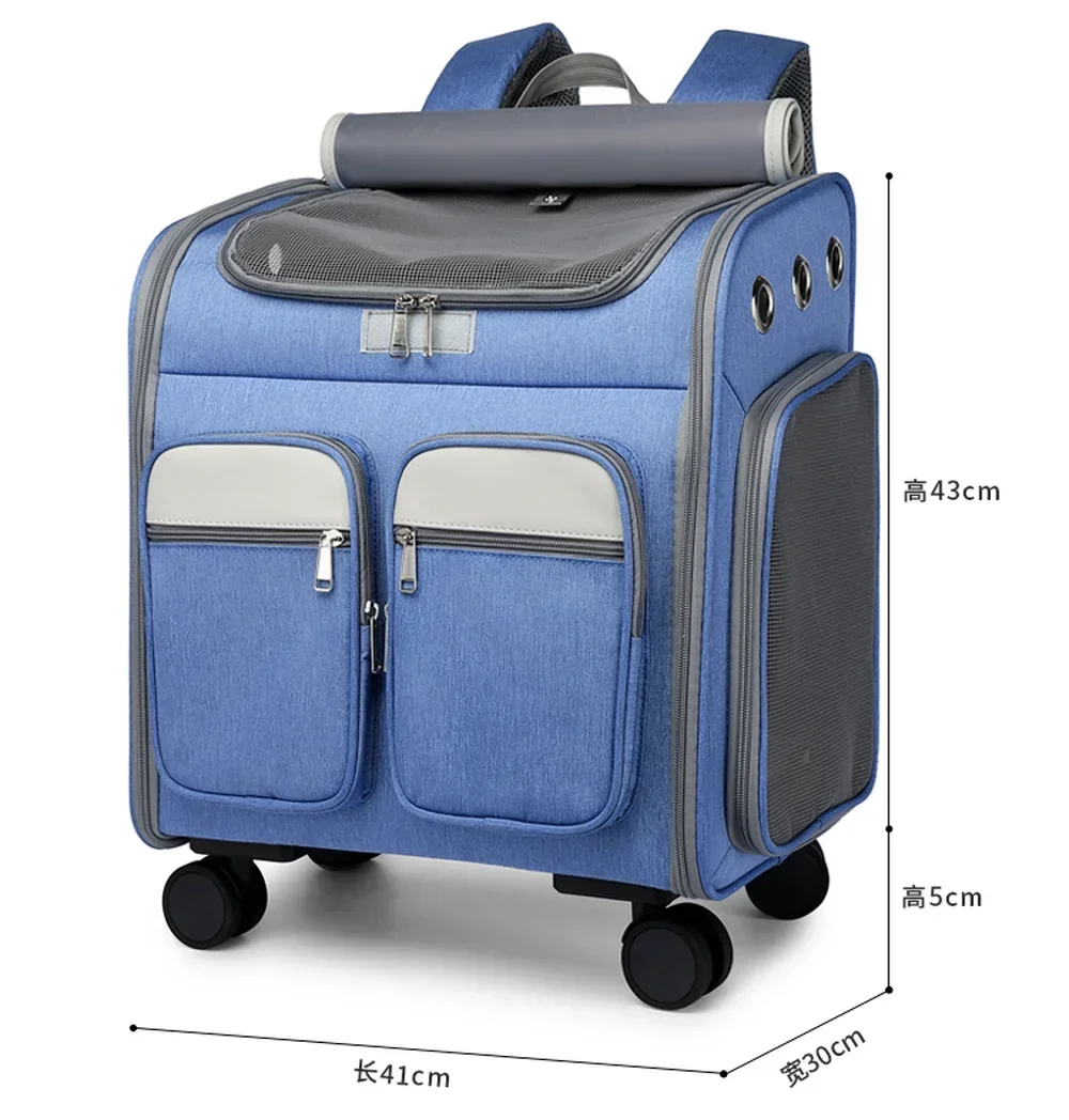 Pet Trolley Backpack Large Space Cat Carrier with Universal Wheel Foldable Pull Rod Small Animal Carrier