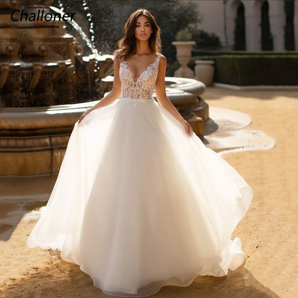

Challoner Modern Tulle Wedding Dress V-Neck Lace Applique Sleeveless Backless Bridal Gown Illusion Floor Length Vestido De Novia
