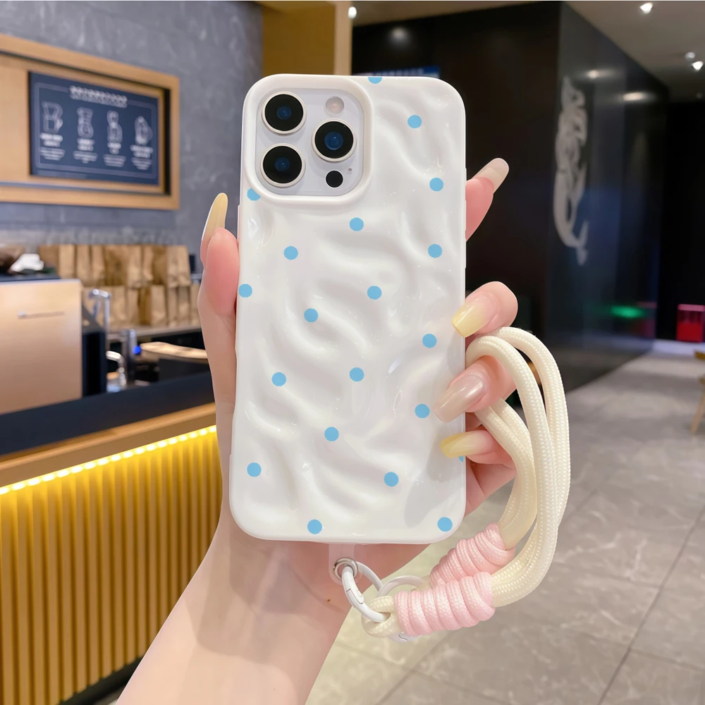 Blue Polka Dot Shockproof Phone Case with Lanyard – Soft TPU