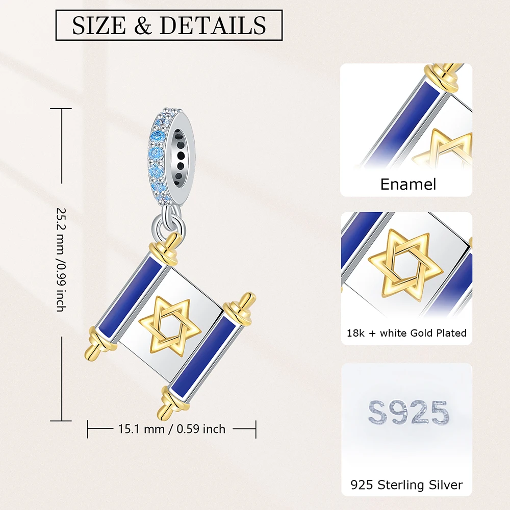 925 Sterling Silver Jewish Scroll Bead With Cubic Zirconia Charm Fit Original European Bracelets Jewelry for Women Friends Gift 5