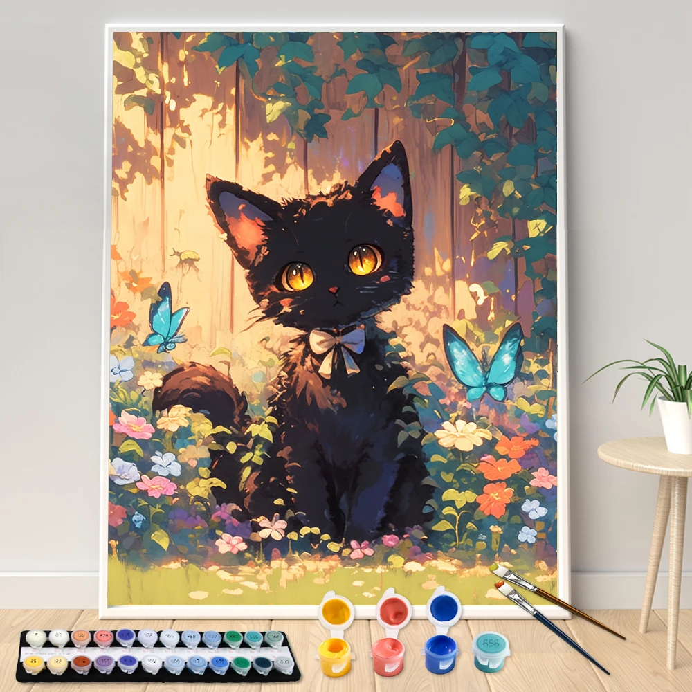 絵の具アート 数字のDIYアクリル絵画キット,花の黒い猫,アートギフト,家の装飾