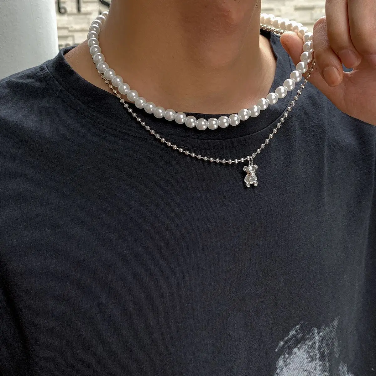Hip-Hop Geometric Iron Pearl Chain Layered Necklaces
