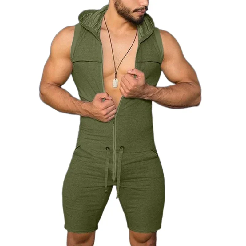 Men Casual Tight Fitness Jumpsuit Leotard Zipper Hooded Romper Pockets Bodysuit Sleeveless Wrestling Singlet One Piece Tracksuit