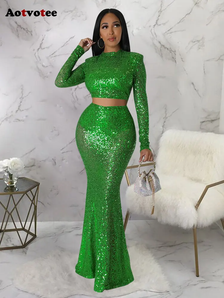 Aotvotee ensemble jupe en queue de poisson pour femmes 2 pi ces col rond manches longues haut court l gant Chic nouvelle collection printemps 2023