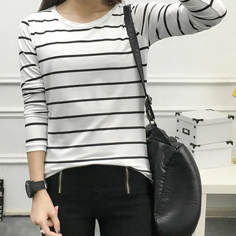 

Womens Cotton T Shirts Long Sleeve Autumn O-Neck Striped Female Shirt Femme Clothing White Black Casual Basic Classic Tops Tee