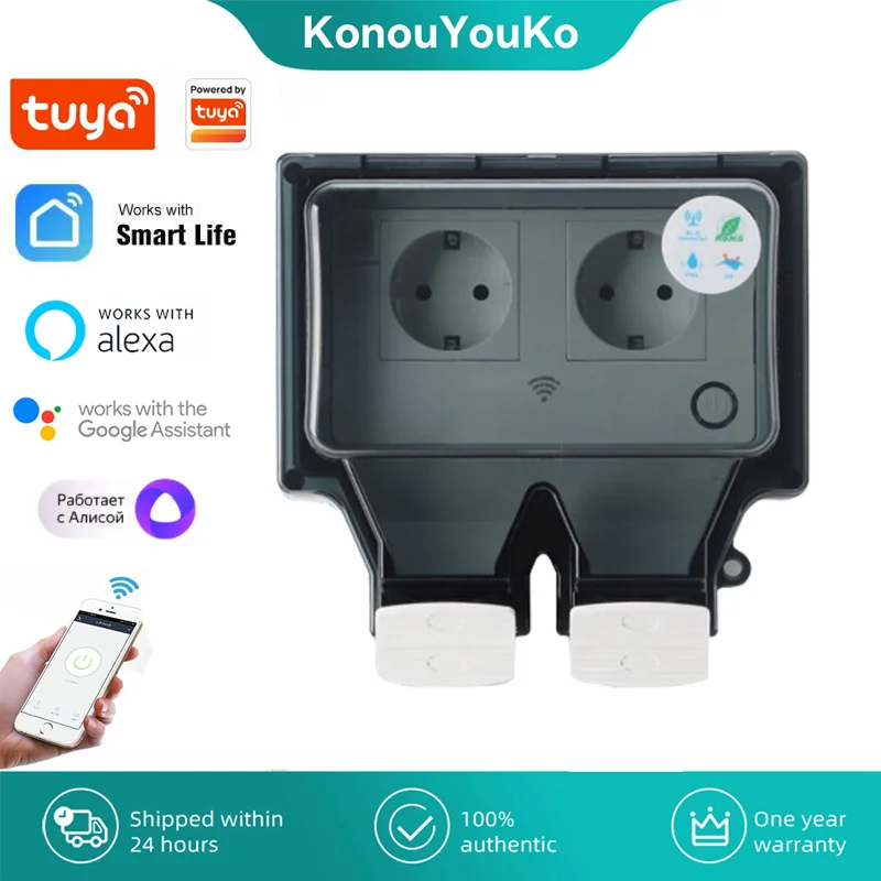 

Розетка уличная Водонепроницаемая Tuya, IP66, Wi-Fi, 2 евророзетки