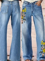 Plus Size High-Waisted Straight-Leg Jeans for Women, Vintage Embroidered Yellow Casual Fashion Plus Size Women's Denim Trousers - Image 6