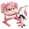 Kids Functional Desk Chair Set Height Adjustable Children School Study Desk With Castle Backboard Students Desk Chair Sets 1