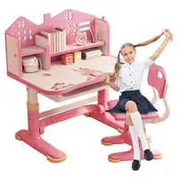 Kids Functional Desk Chair Set Height Adjustable Children School Study Desk With Castle Backboard Students Desk Chair Sets 1
