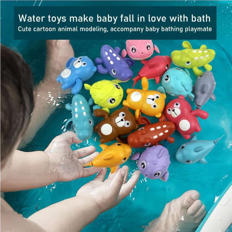 1PCS Toddler Bath Toys Cute Cartoon Swimming Shark Clockwork Wagging Tail Rotating Device Beach Baby Bath Tub Wind Up Toy 2