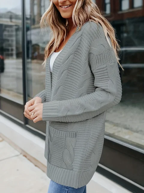 Solid Cable Knit Cardigan, Casual Open Front Long Sleeve Sweater, Women's 3