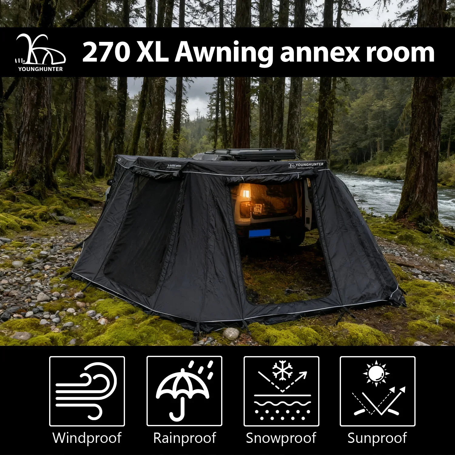 XL Camping Car SUV Roof Tent Free Standing 270 Degree with Foxwing Awning Annex Room Sidewall Cover for Outdoor Travel
