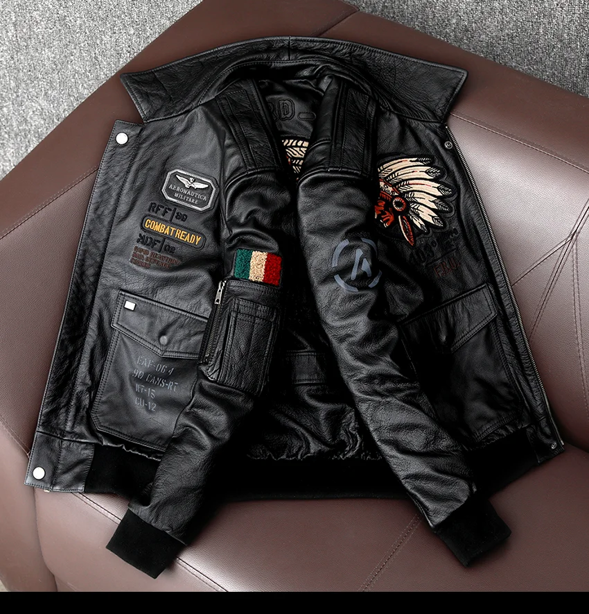 Description Picture 5 of itemNew Indian Embroidery Flying Suit Natural Genuine Leather Coat Men's Cowhide Leather Motorcycle Jackets Slim Fashion Clothing