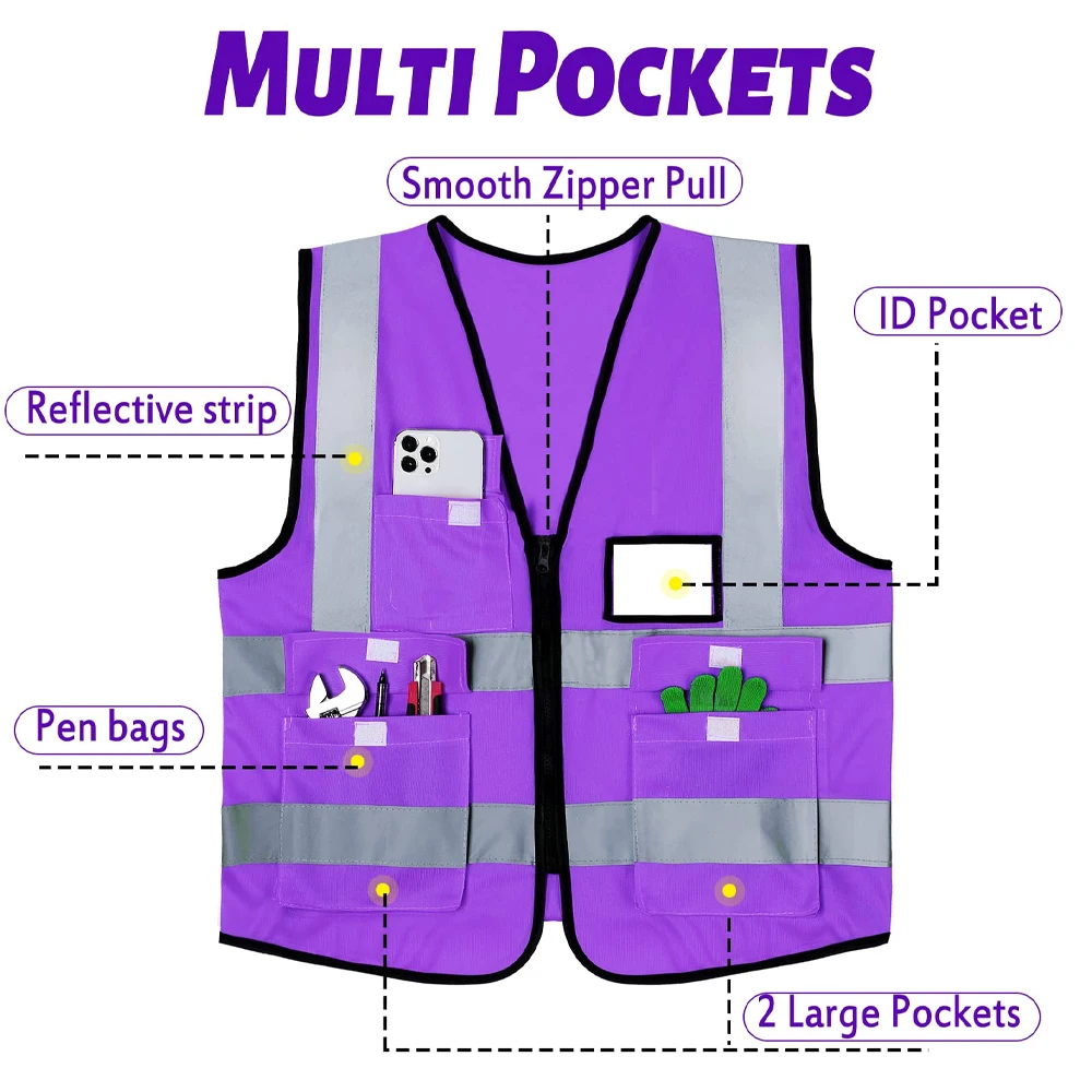 Purple Safety Vest for Men Women Hi Vis Workwear Construction Security-protection High Visibility Working Clothes