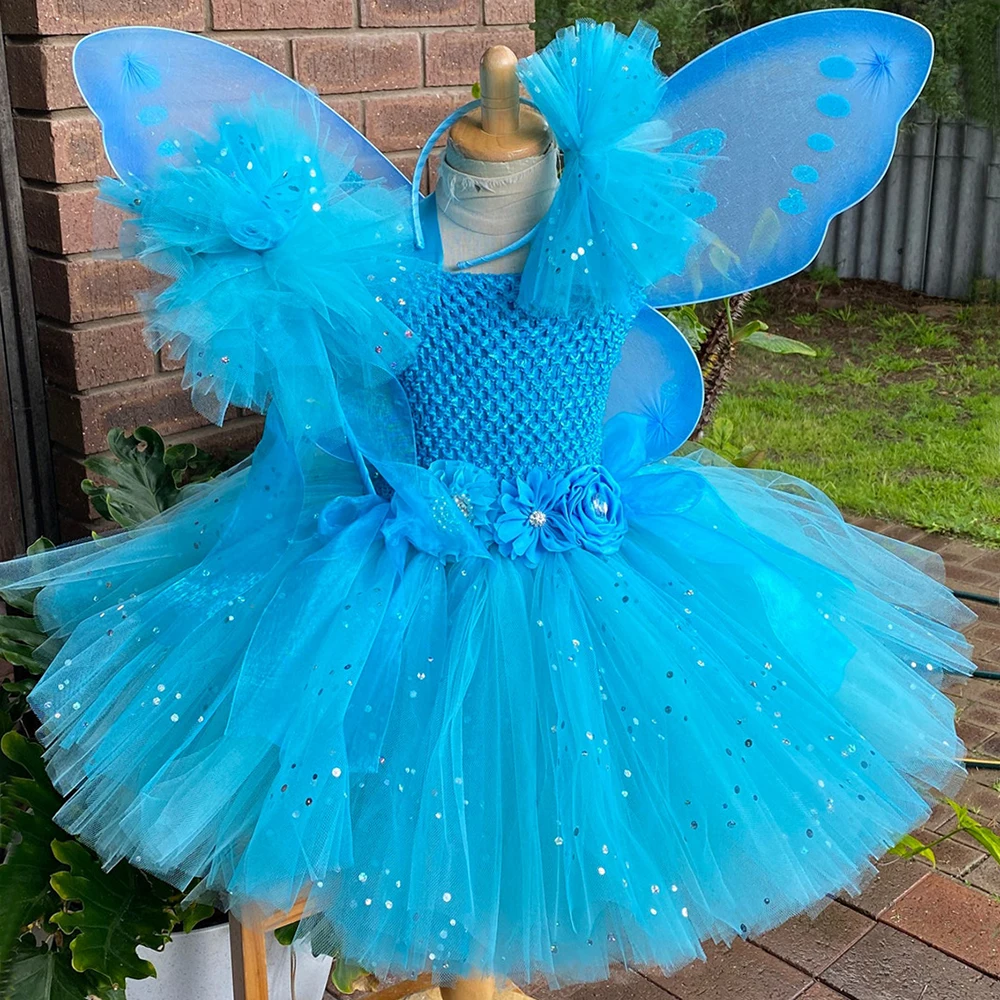Girls Blue Glitter Tutu Dress Kids Flower Fairy Dress with Butterfly Wing  Stick Children Party Costume Princess Dresses - AliExpress 1501