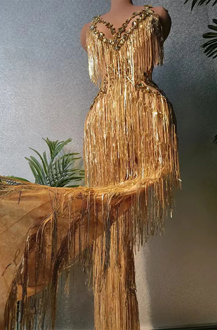 Women Gold Rhinestone Tassel Long Dress Performance Stage Wear Party Costume | eBay Women Gold Rhinestone Tassel Long Dress Performance Stage Wear Party Costume | eBay