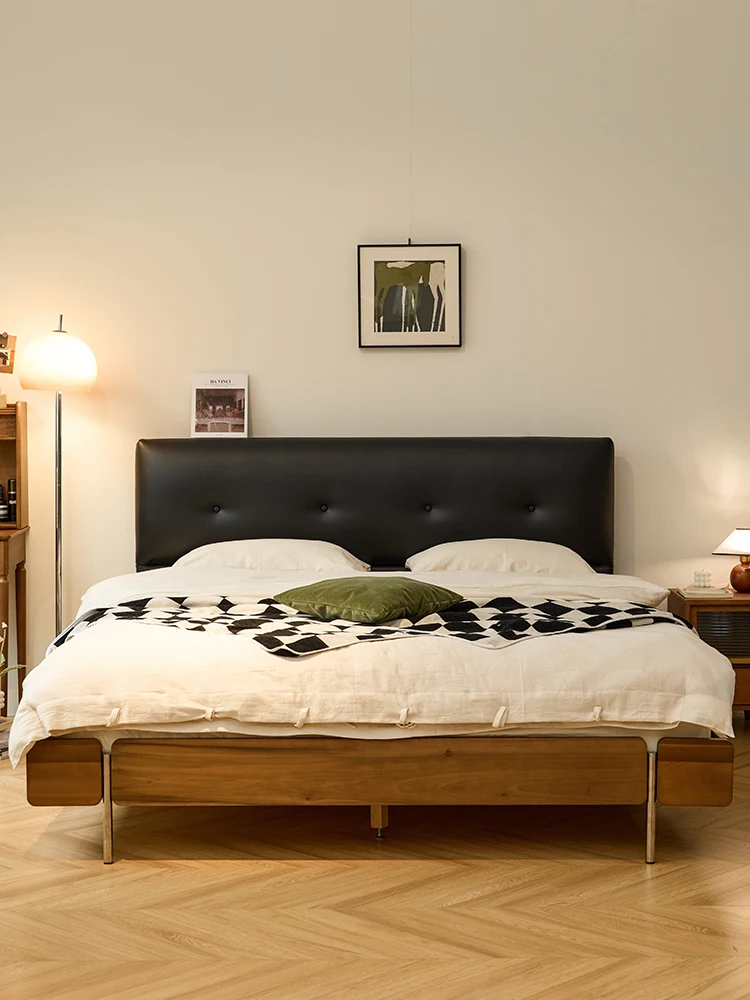 

Простая кровать Bauhaus для маленькой квартиры 1,8 м, двойная кровать для спальни, кожаная деревянная кровать