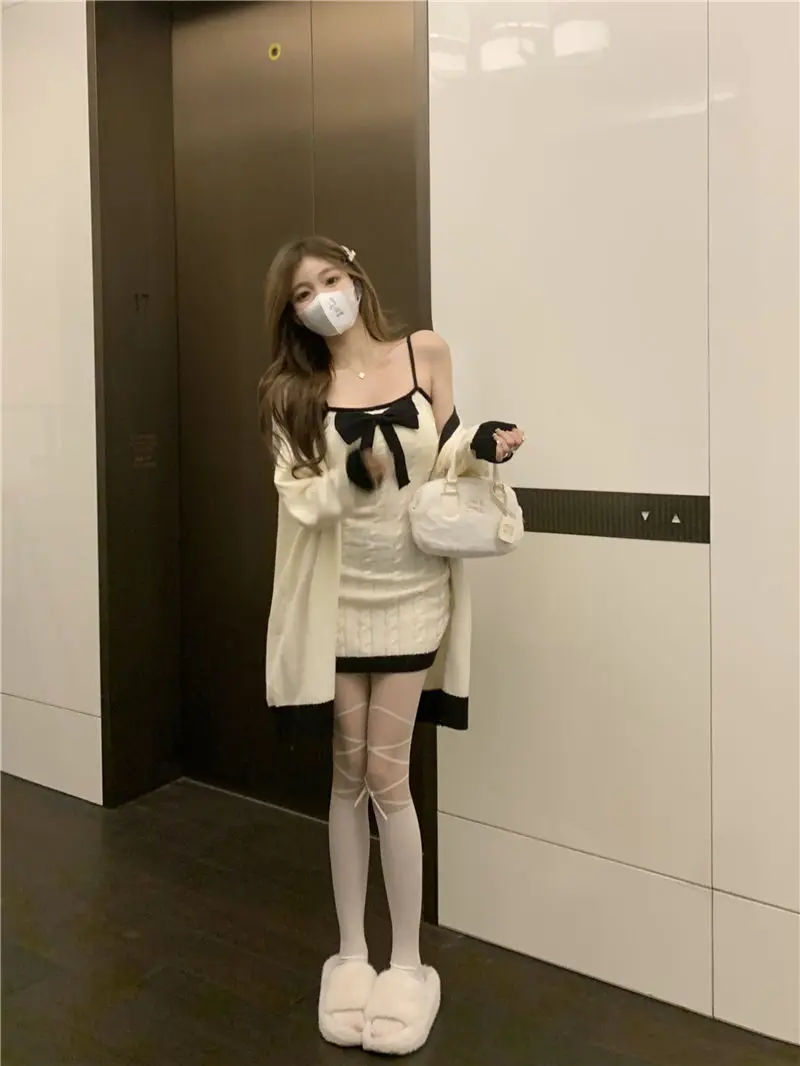 Elegant Knitted Two-Piece Set Women Bow Designer Sweet Party Dress Set Female Korean Style Sweater Mini Dress Suit Winter