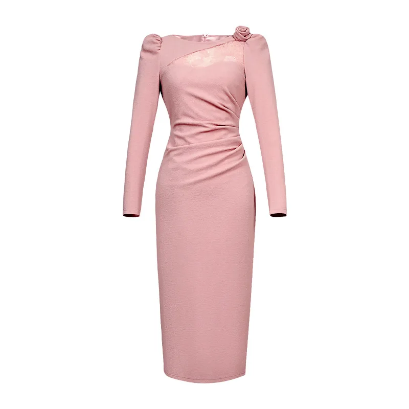 فستان نسائي أنيق برقبة دائرية من الدانتيل الوردي م...