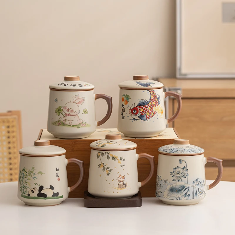 Chinese Style Ceramic Mugs, Home Personal Office Creative Teacup With Cover, Filtered Tea Water Separation, Tea Cups, 400ml, 1Pc