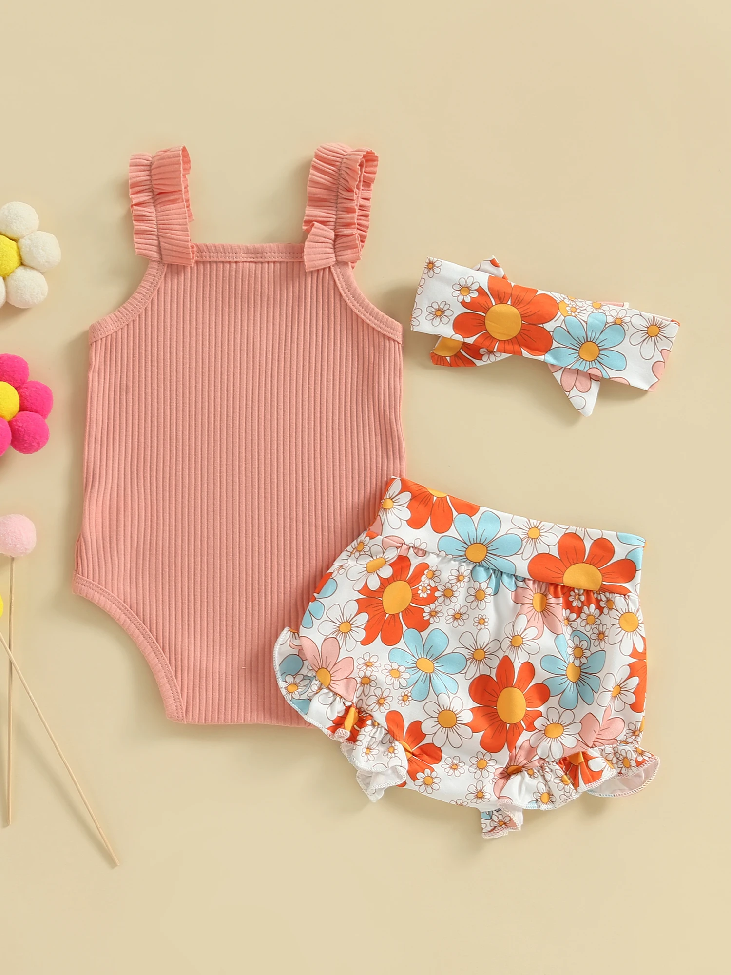 

Adorable 3-Piece Set for Baby Girls Sleeveless Romper Floral Shorts and Bowknot Headband - Perfect for Spring and Summer