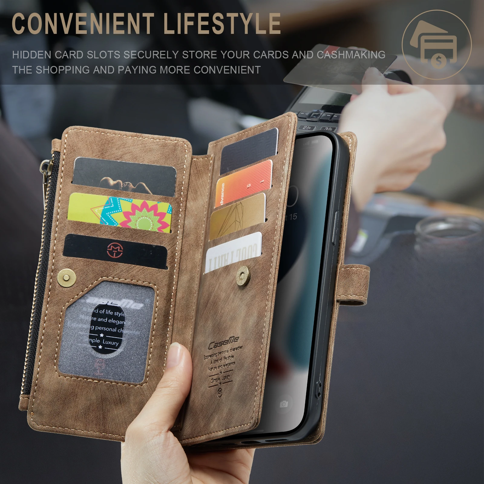 Zipper Wallet Flip Phone Case For iPhone 15 14 13 12 Mini 11 Pro XS Max XR X 8 7 Plus Purse Card Holder Stand Leather Cover