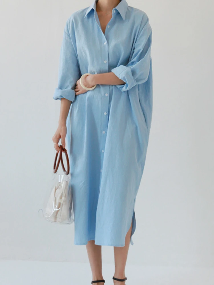 

Spring Summer Elegant Dresses for Women 2023 Solid Single-breasted Loose Long Sleeve Dresses Cotton Linen Shirt Oversized Robe