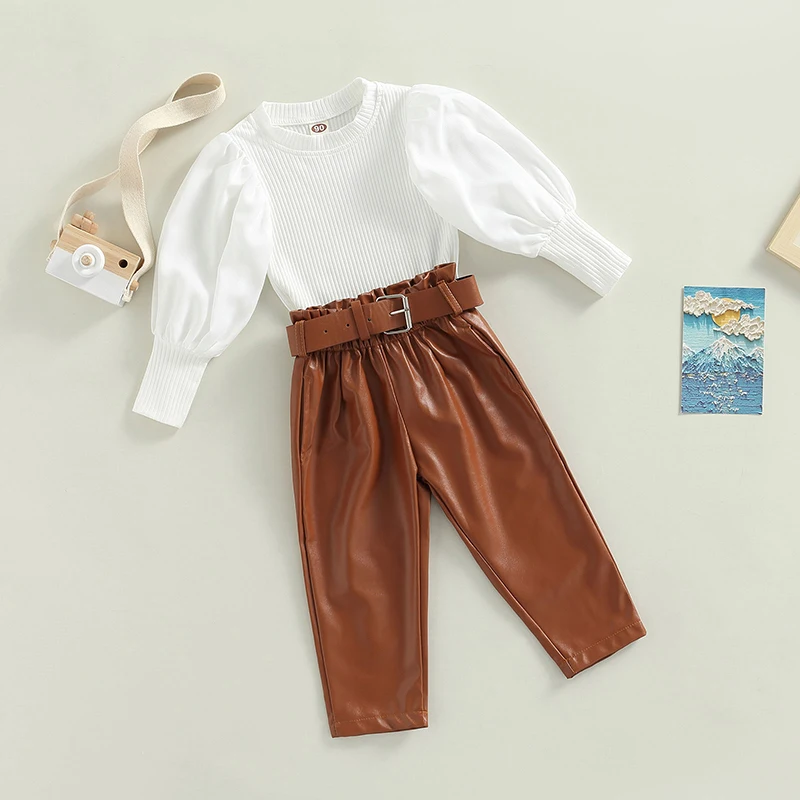 1-6Y Kids Girls Autumn Clothes Sets Baby Puff Long Sleeve Ribbed Tops + PU Leather Long Pants + Belts Children Outfits