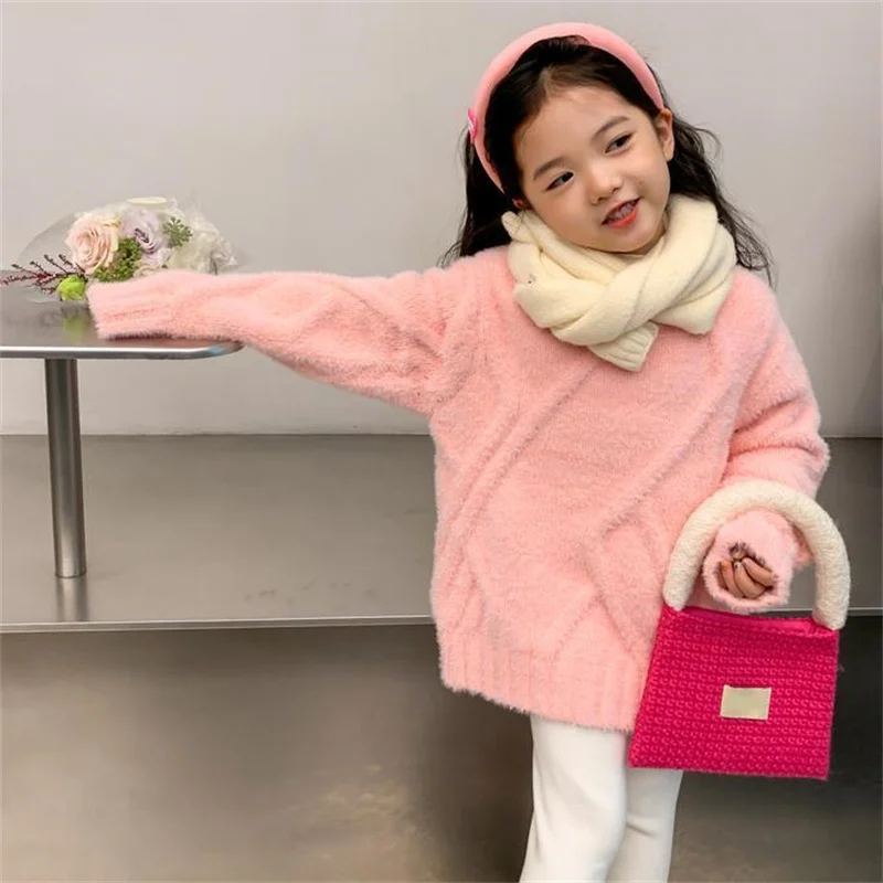 

Girls Sweater Wool Coat Kids Tops Knitting 2023 Pink Thicken Warm Winter Autumn Cottons Teenagers Outwear Children's Clothing